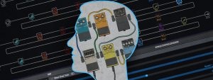 Head illustration with effects pedals inside and Helix screen behind